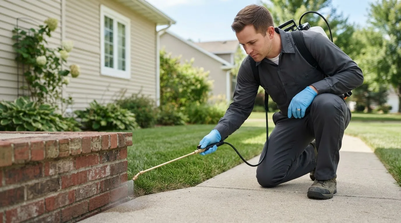 Pest control technician treating a home near Pinola, MS